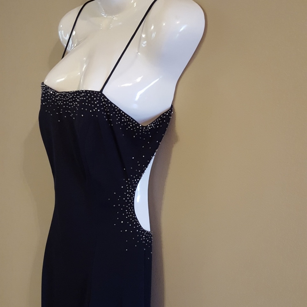Black ball gown, beading trim, custom train